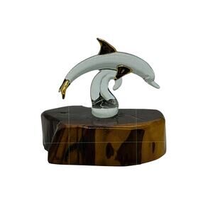VTG Glass Baron Dolphin Figurine 22K Gold Trim Wood Base Handcrafted  M2-272G